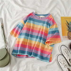 rainbow striped O-neck T-shirt