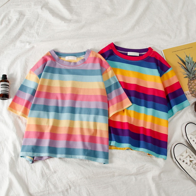 rainbow striped O-neck T-shirt